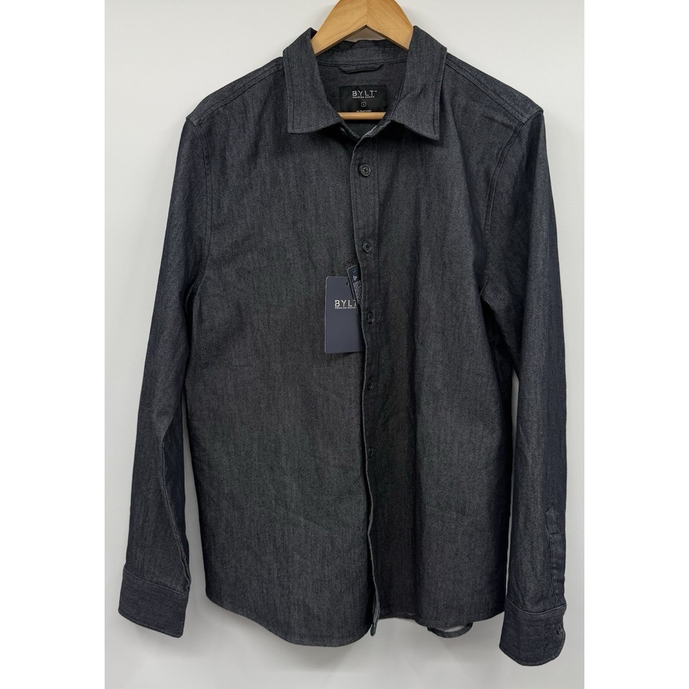BYLT BASICS Tech Denim Long Sleeve Button Down Shirt LG Color Indigo NWT